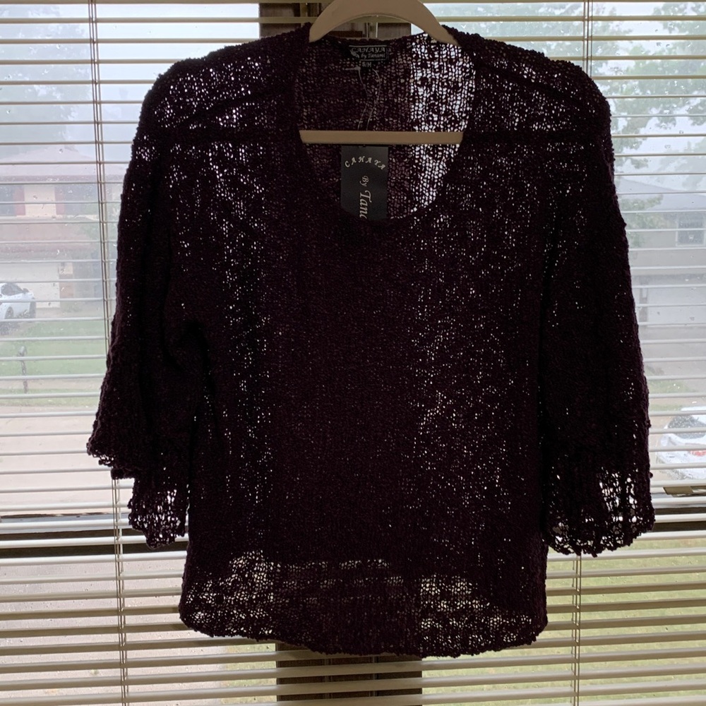 Cahaya by Tanami Plum Handcrafted Ruffle Bell Sleeve Sweater NWT S/M